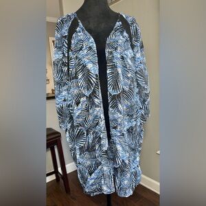 Express, Blue Palm Leaf Kimono Semi Sheer Chiffon Coverup with Lace, Size Large